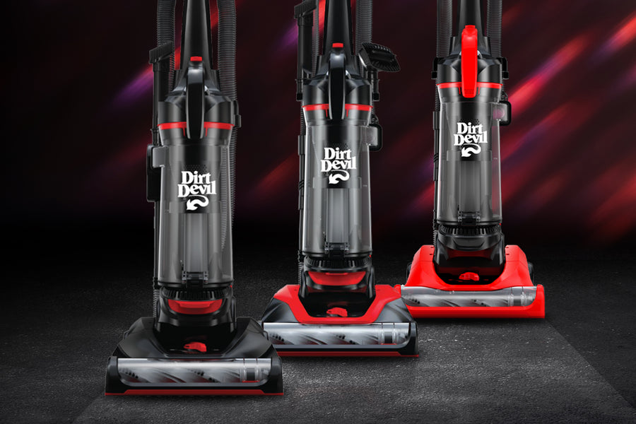 3 Dirt Devil Upright Vacuums with black background