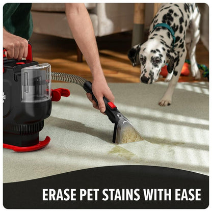 Erase pet stains with ease image showcasing the unit cleaning up a pet stain off of light colored carpet