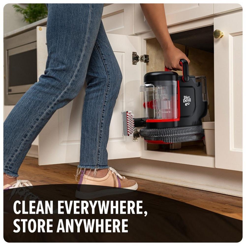 Clean everywhere, store anywhere image showcasing the unit being stored in a cabinet under the sink.