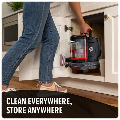 Clean everywhere, store anywhere image showcasing the unit being stored in a cabinet under the sink. 