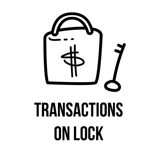 Lock and key logo with a dollar sign on top of it with the word transactions on lock below 