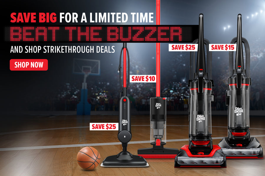 Beat the buzzer promotional banner with steam mop, broom vac, multi-surface+, and multi-surface extended reach on a basketball court.