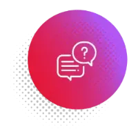 White message bubble icon showcased in front of a red and purple circle icon 